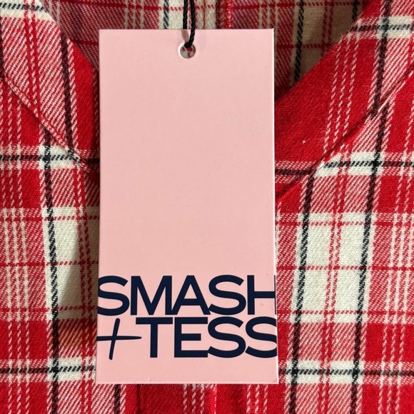 SMASH + TESS Sz S Oversized Red Plaid Long-Sleeve Flannel Ruffle Jumpsuit NEW - Picture 5 of 12